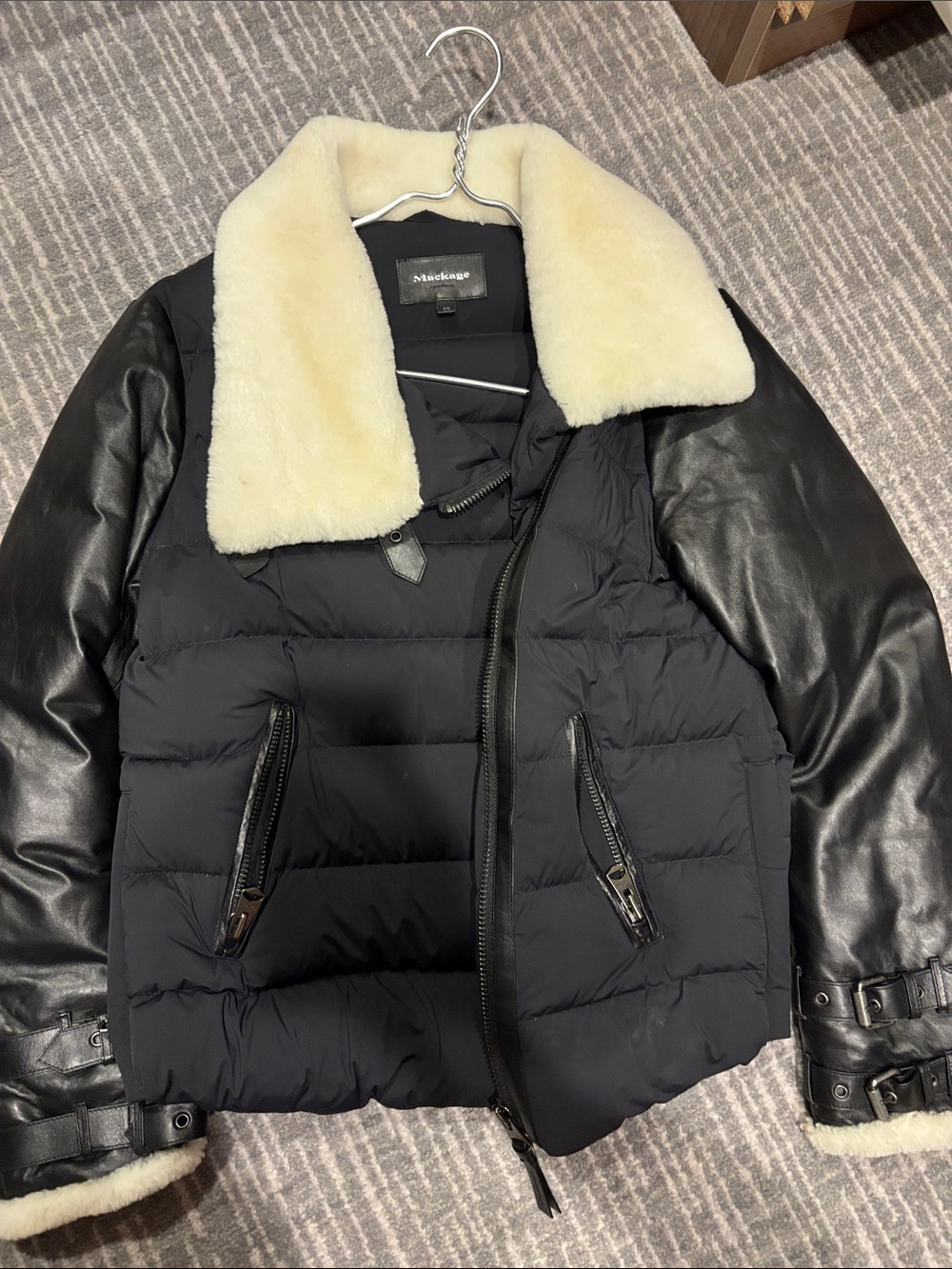 Mackage Black Puffer Jacket with Cream Shearling Collar